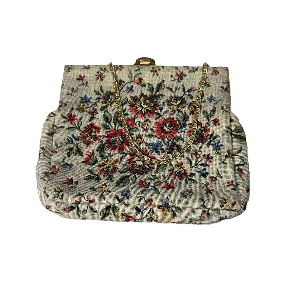 Vintage Evening Bag Purse Floral Tapestry Clasp Made In France Kiss Lock